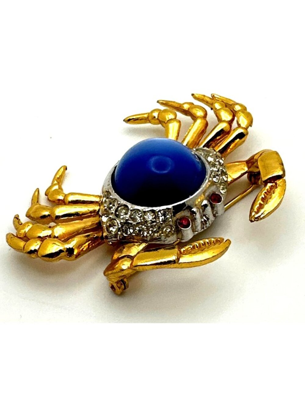Whimsical Mid Century Blue Belly Crab Brooch Chatoyant Moonglow Lucite Zodiac